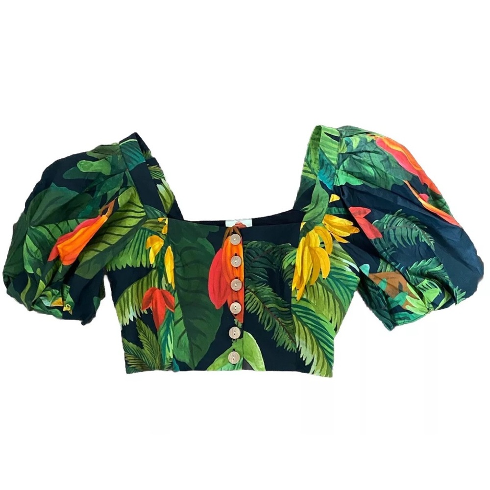 🆕 Farm Rio Cocoa Forest Tropical Print Cropped Button Down Top Size M - Picture 9 of 16